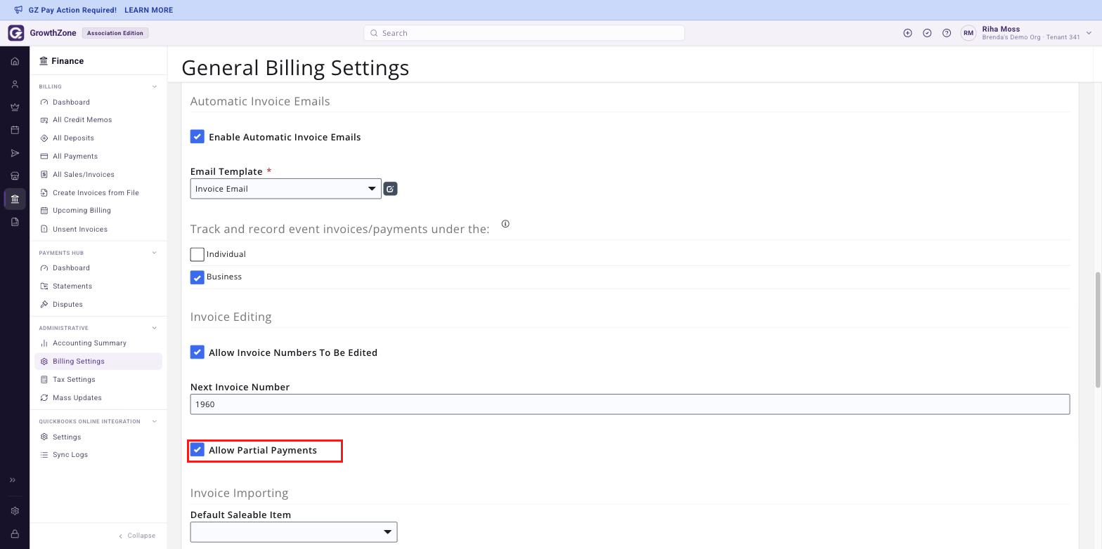 General Billing Settings page, Invoice Editing section, with the Allow Partial Payments check-box boxed and selected