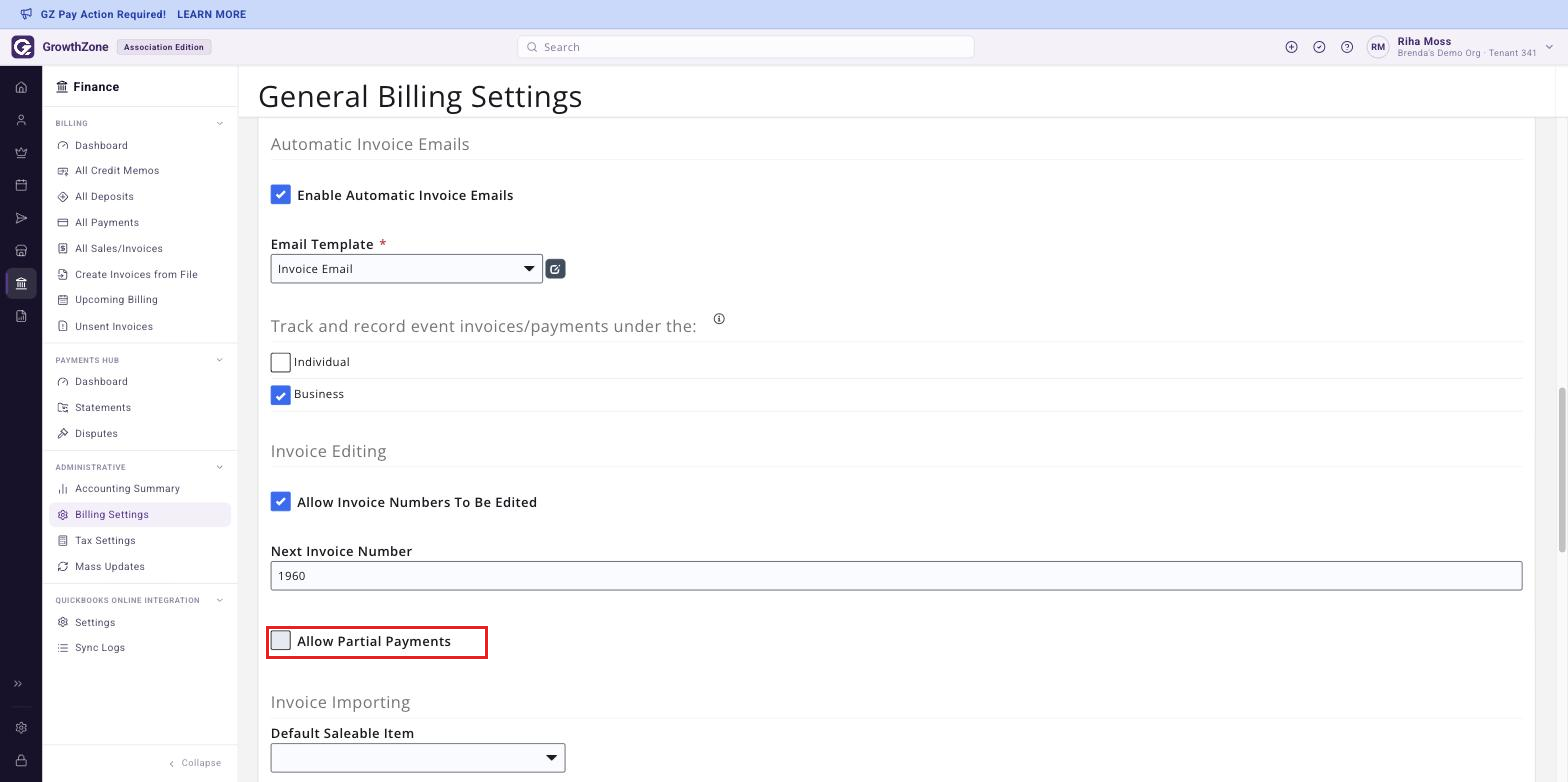 General Billing Settings page, Invoice Editing section, with the Allow Partial Payments check-box boxed and cleared