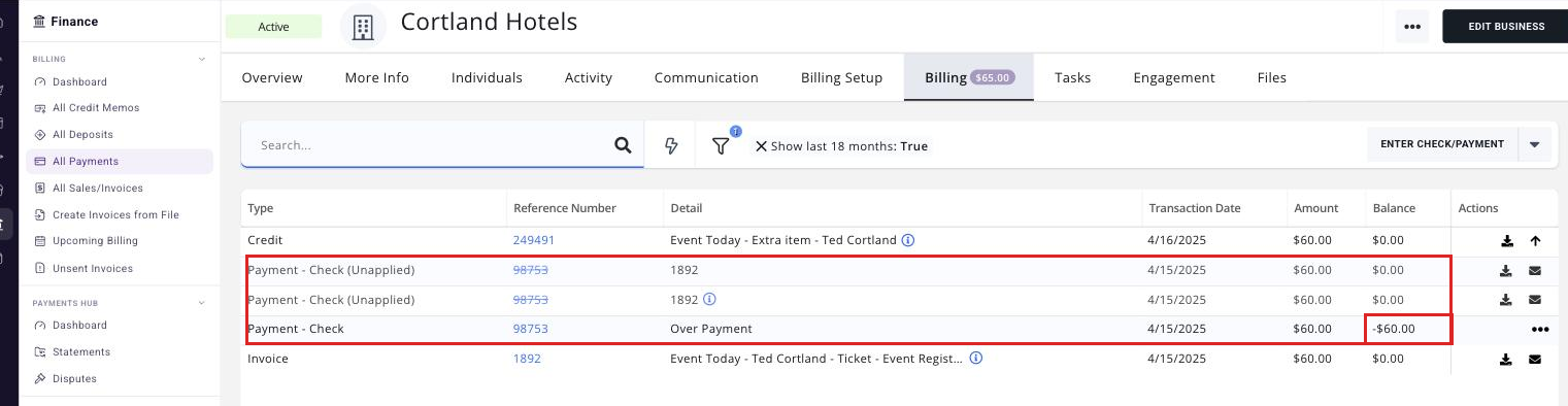 Billing tab transaction list after unapplying, with the unapplied payment row and its credit amount in the Balance column boxed
