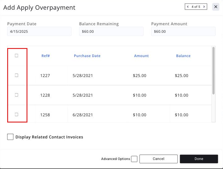 Add Apply Overpayment screen with the invoice selection checkboxes boxed