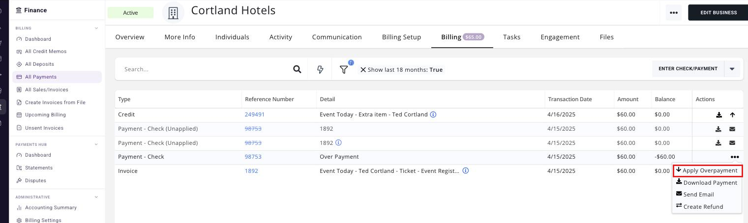 Billing tab transaction list with the action button menu open on an overpayment row and Apply Payment boxed