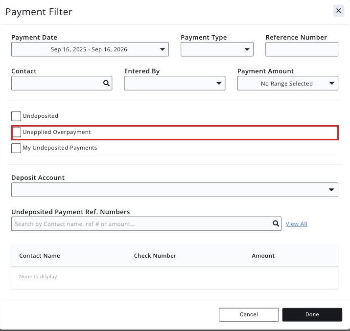 All Payments page filter panel with the Unapplied Overpayments filter option boxed