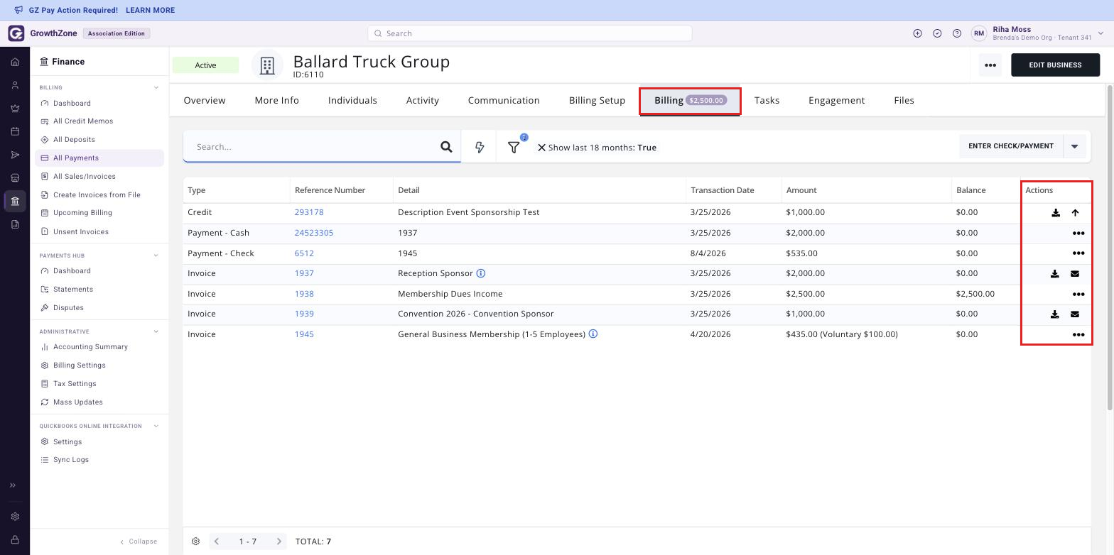 Contact record with the Billing tab selected, showing the invoice list and the Actions column, with the Billing tab boxed