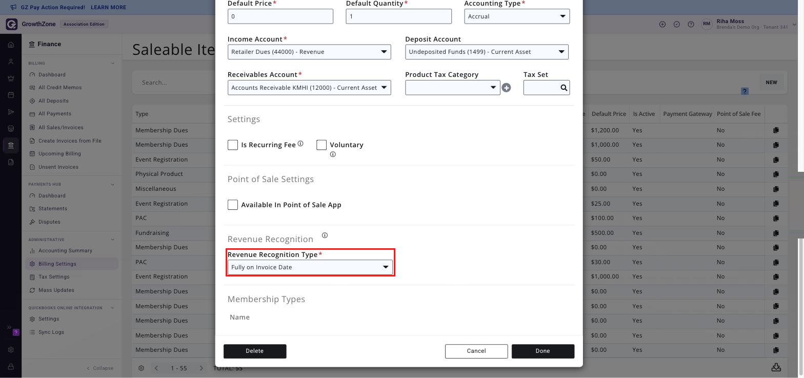 The Revenue Recognition section of the Edit Fee Item window with Revenue Recognition Type set to Fully on Invoice Date