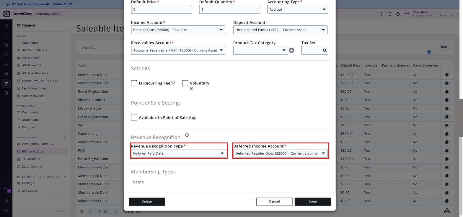 The Revenue Recognition section of the Edit Fee Item window with Revenue Recognition Type set to Fully on Paid Date and the Deferred Income Account it requires