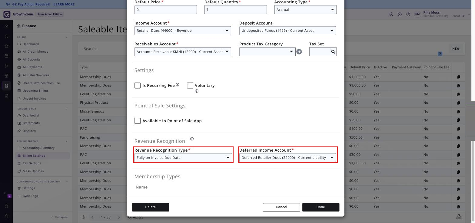 The Revenue Recognition section of the Edit Fee Item window with Revenue Recognition Type set to Fully on Invoice Due Date and the Deferred Income Account it requires