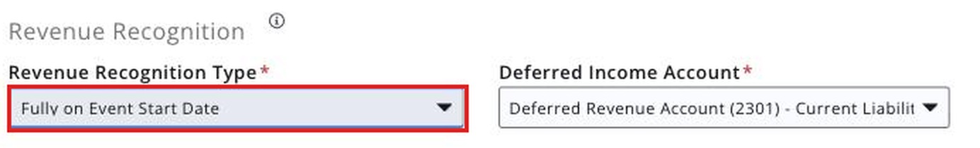 Revenue Recognition section of the Edit Fee Item window with Revenue Recognition Type set to Fully on Event Start Date