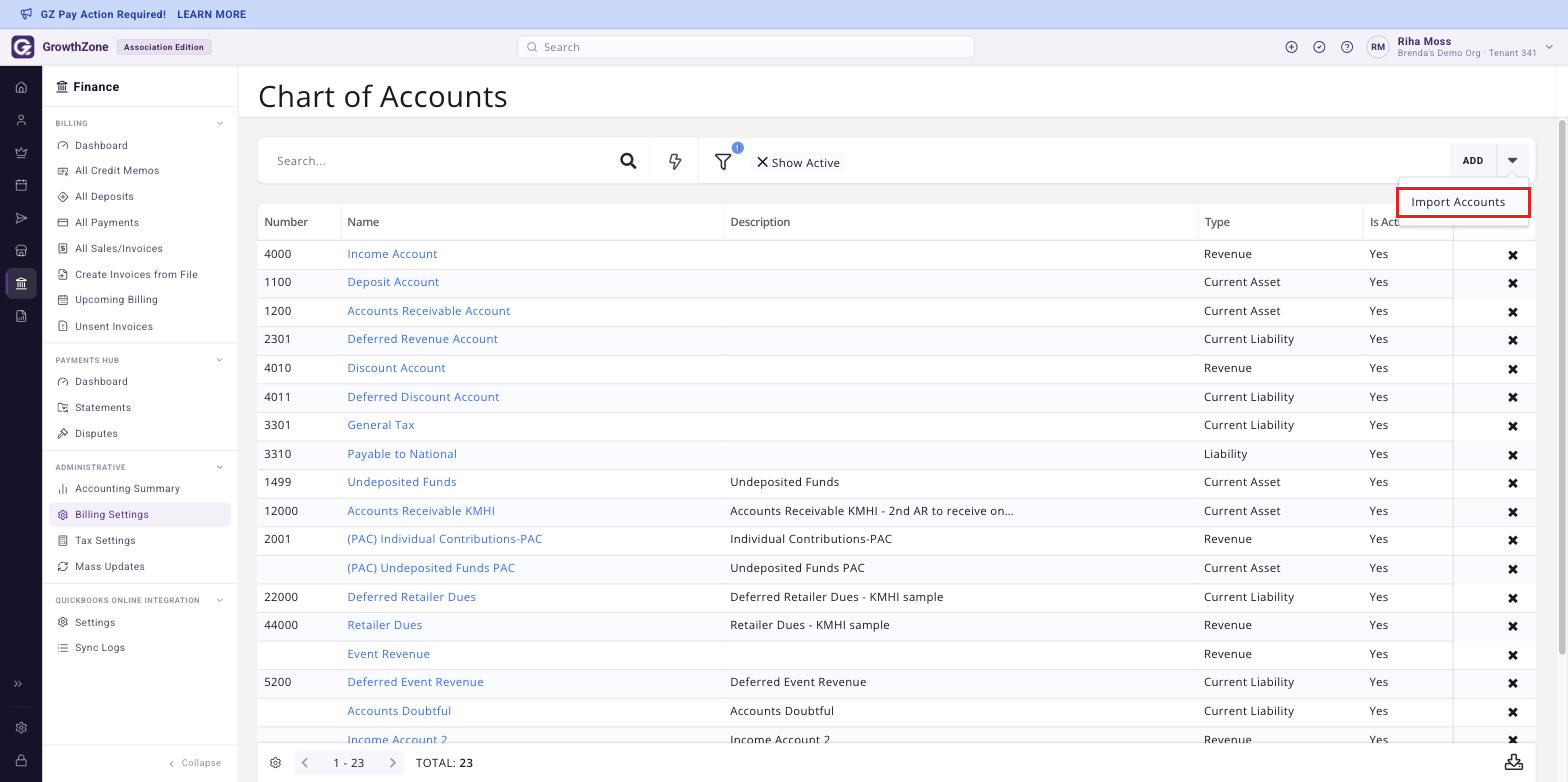 Chart of Accounts page with the ADD button arrow expanded and the Import Accounts option boxed