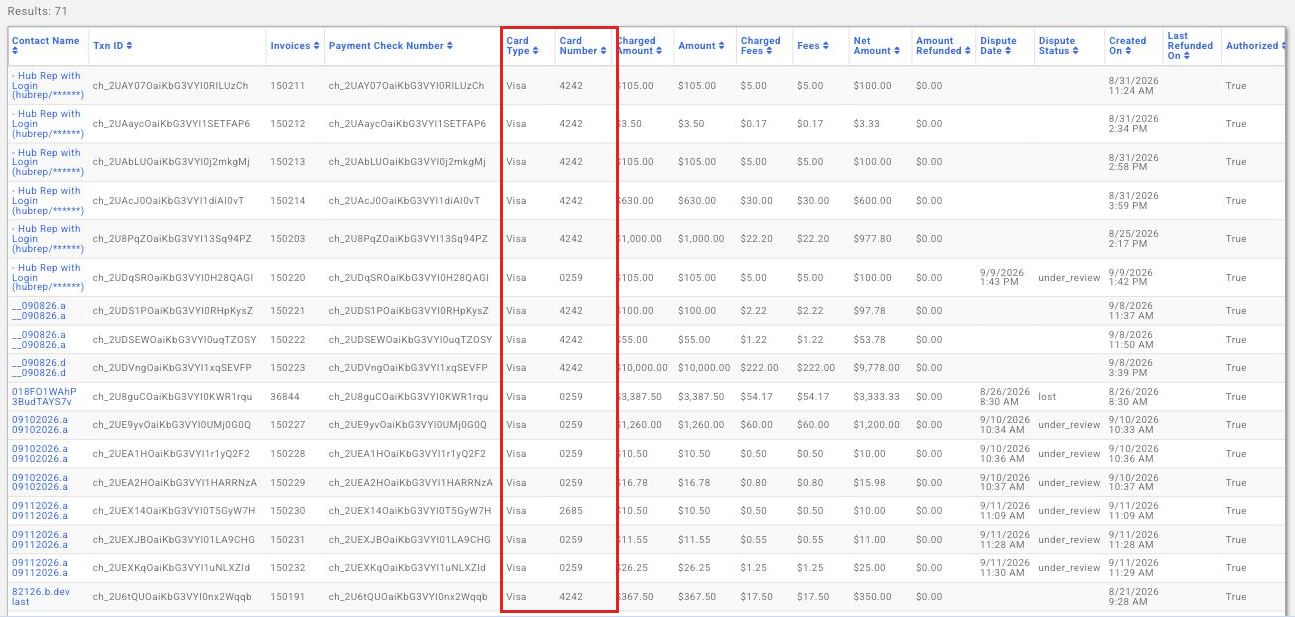 Payment Processing report results with the Card Type and Card Number columns boxed