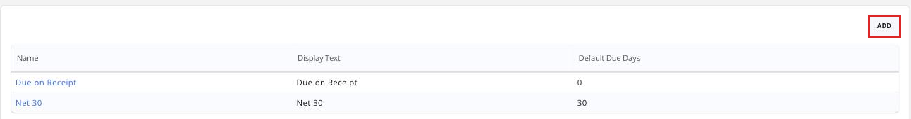 Invoice Terms page cropped to the top of the list with the Add button boxed