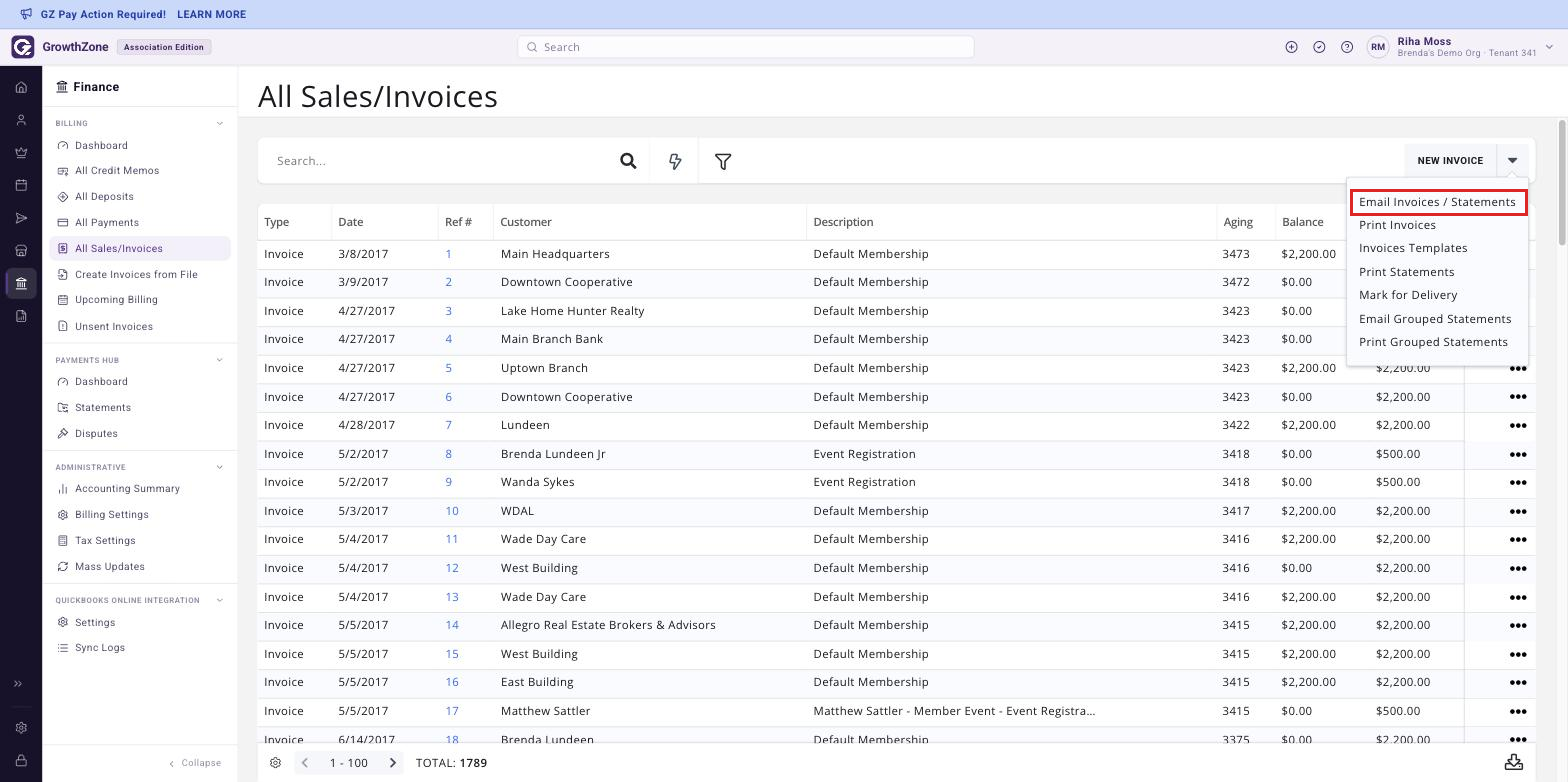 Actions icon next to New Invoice expanded on the All Sales/Invoices page with Email Invoices / Statements boxed