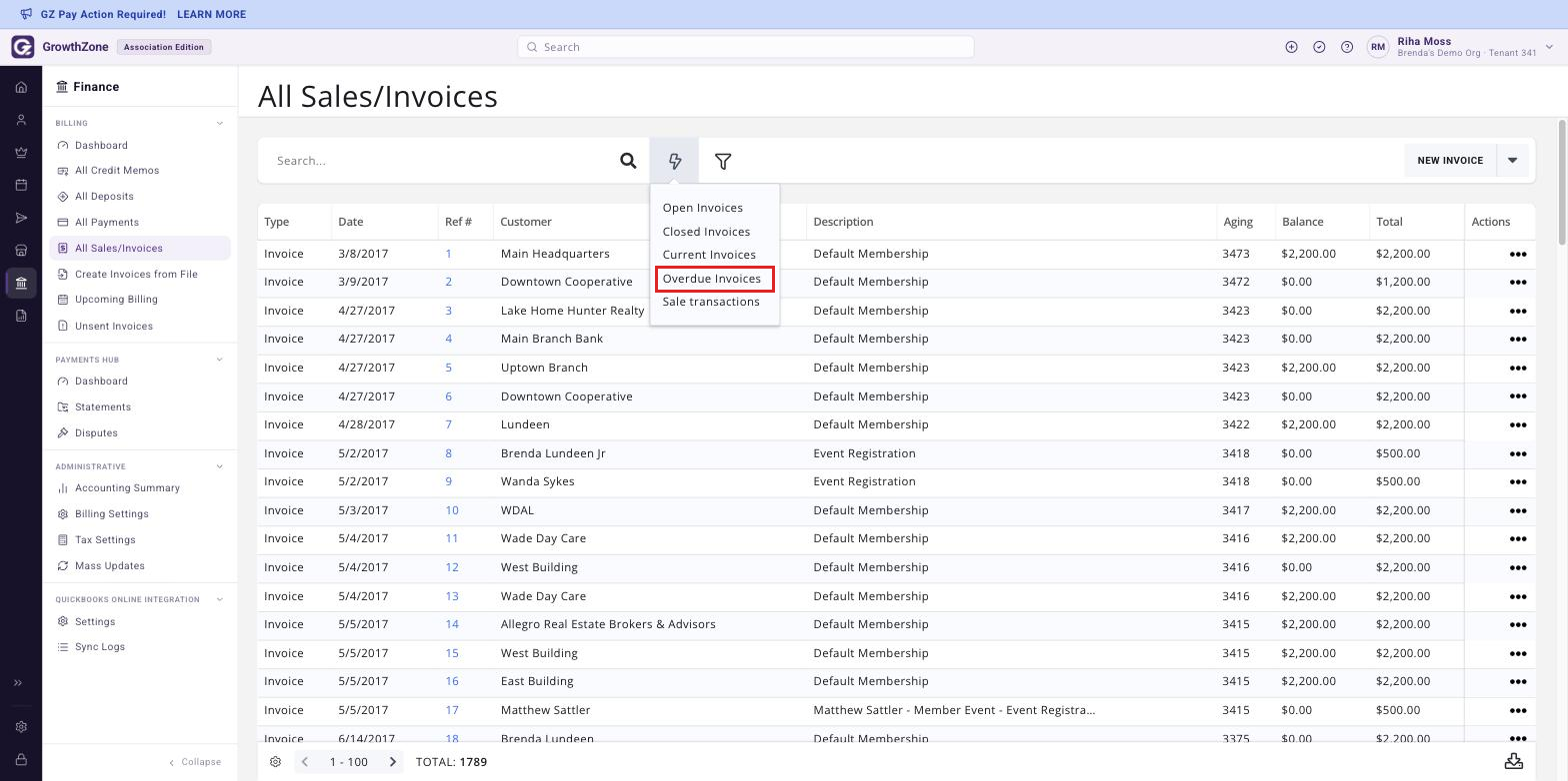 All Sales/Invoices page with the Quick Filter icon clicked and Overdue Invoices boxed in the drop-down