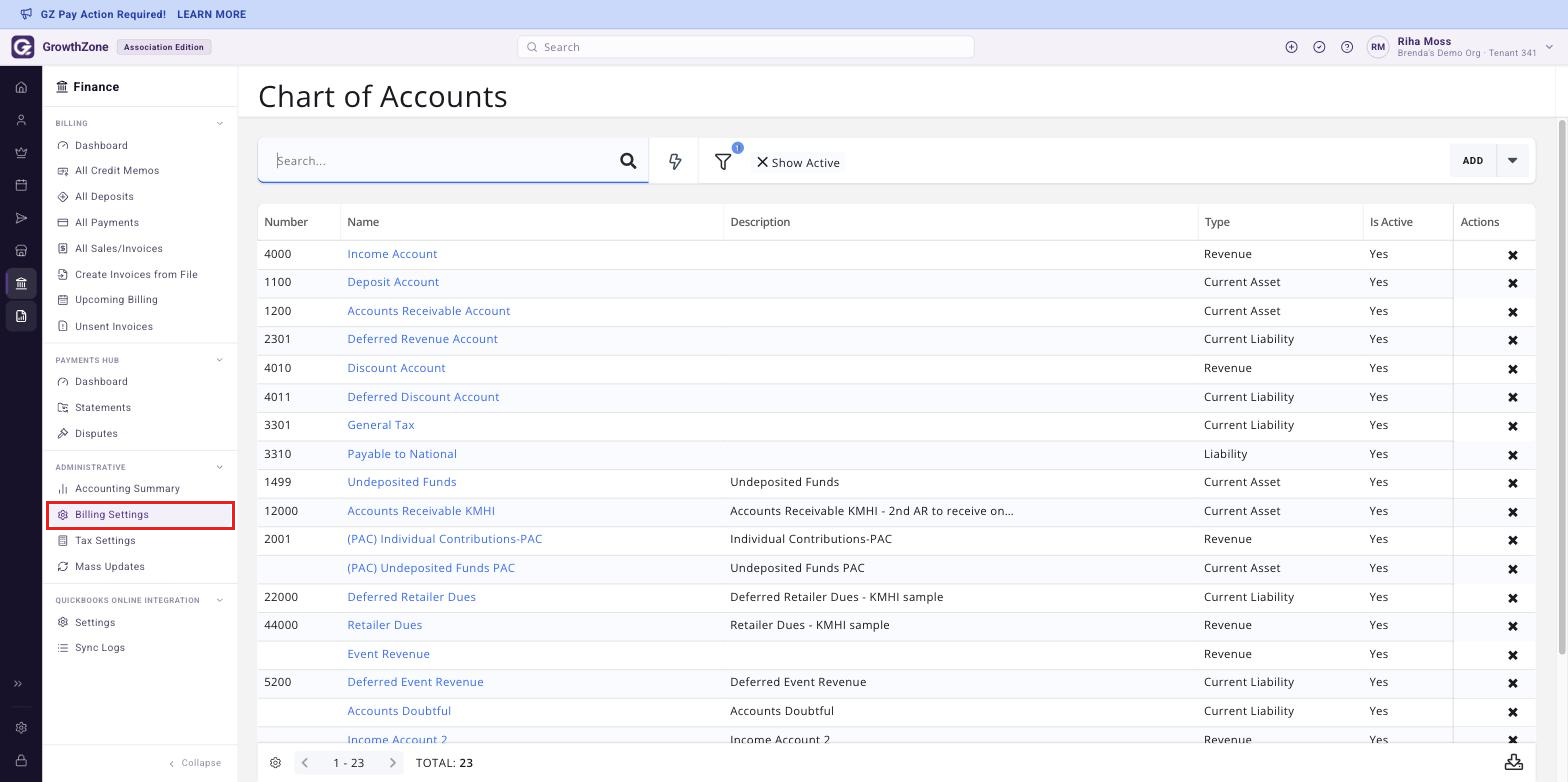 Chart of Accounts page with Billing Settings boxed in the Administrative section of the Finance rail