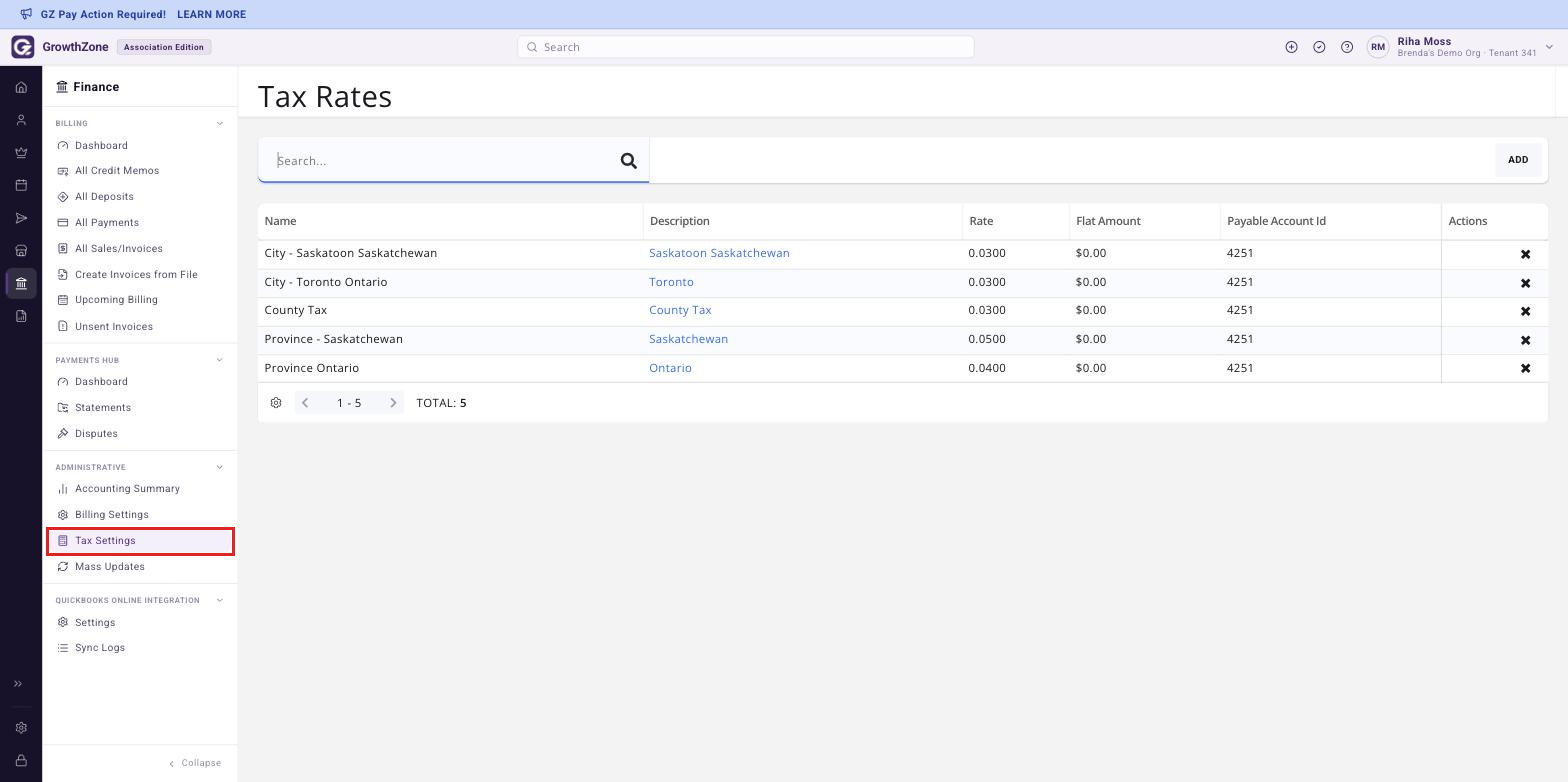 Tax Rates page reached from Finance > Administrative > Tax Settings, with the Tax Settings entry boxed in the Administrative section of the Finance rail