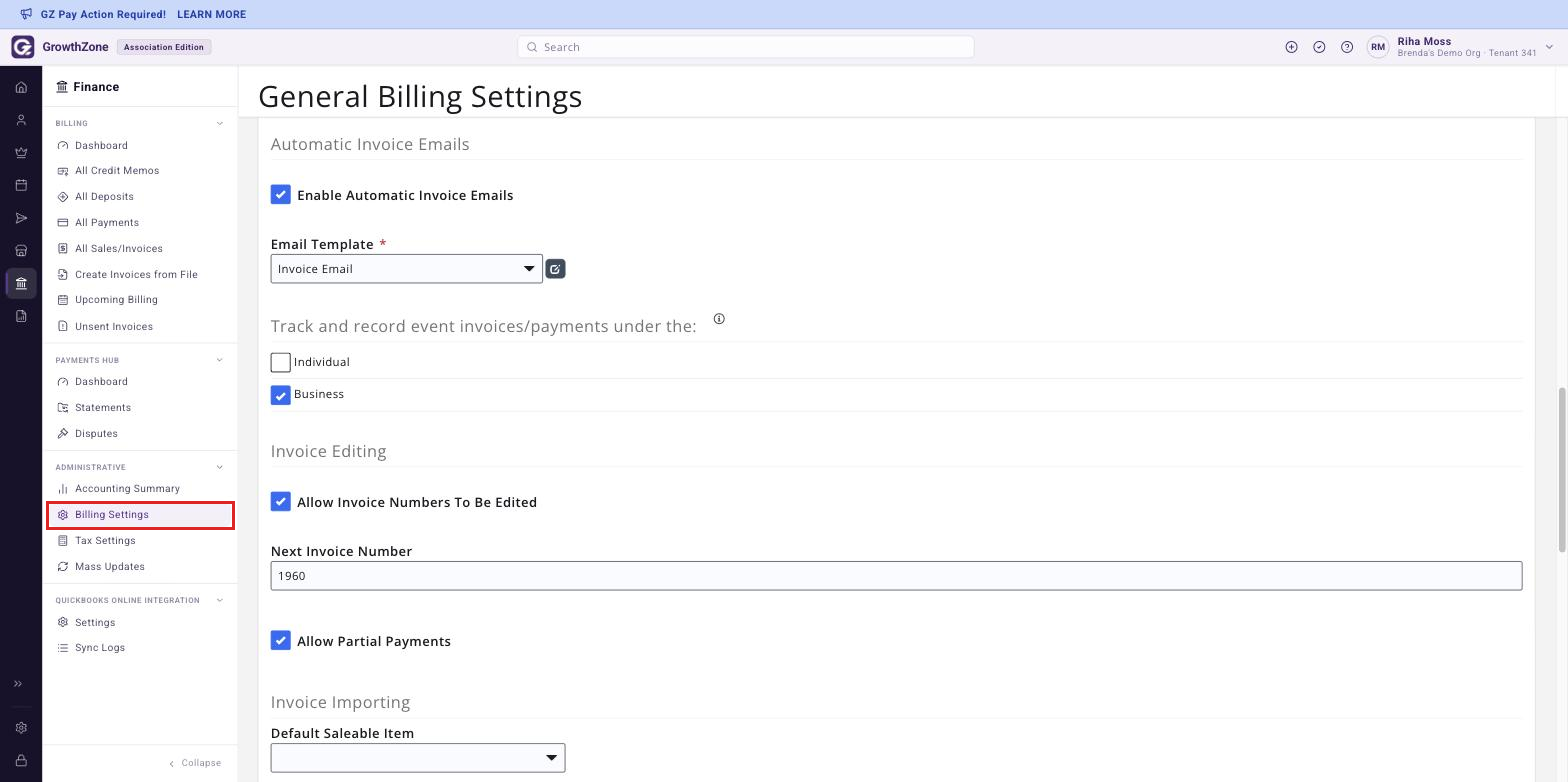 General Billing Settings page open, with the left-hand rail showing Finance > Administrative > Billing Settings and General Billing Settings highlighted