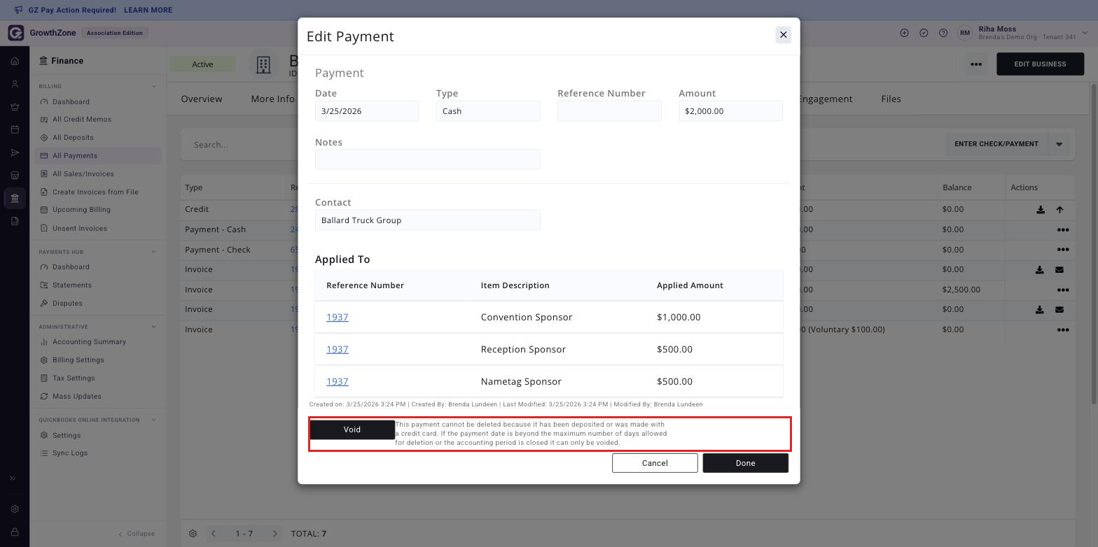 Edit Payment panel with the Delete button boxed