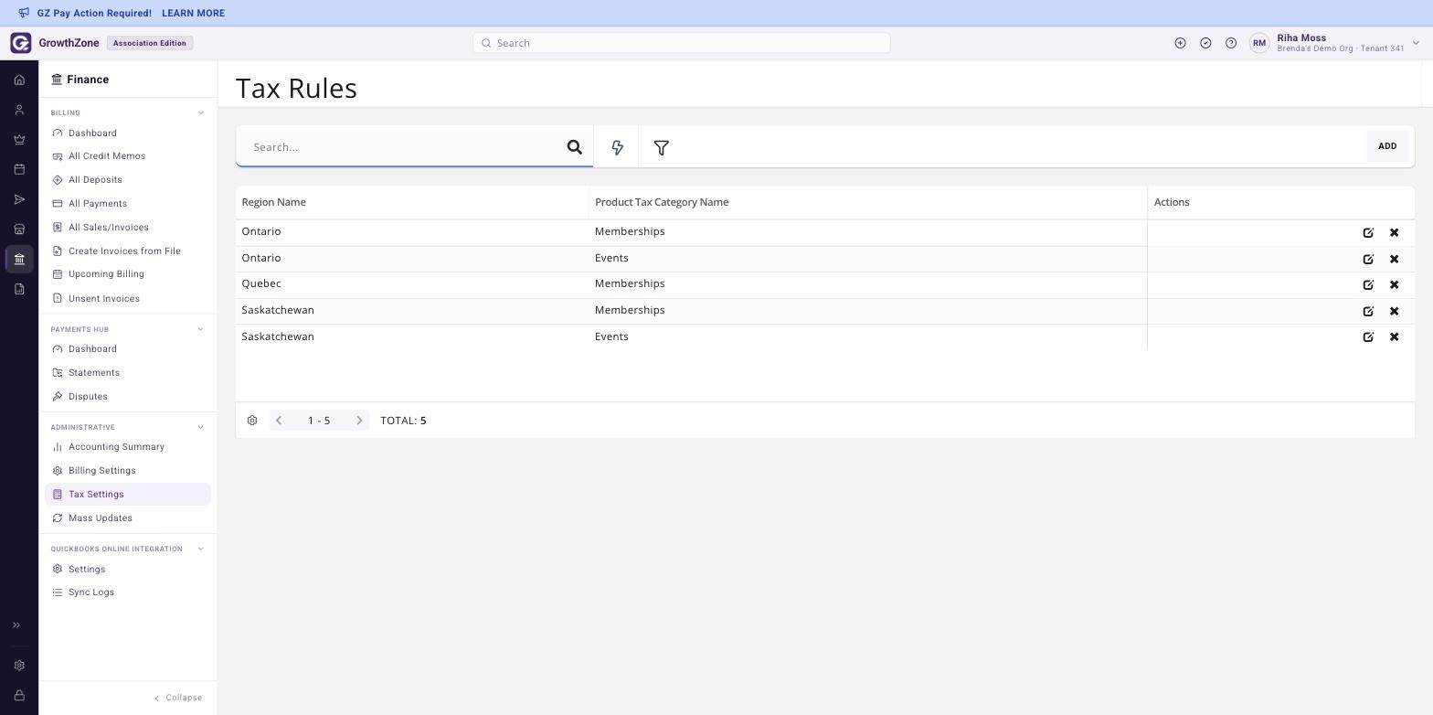 Tax Rules page in the Tax Settings section showing the rules generated from the region and its product categories