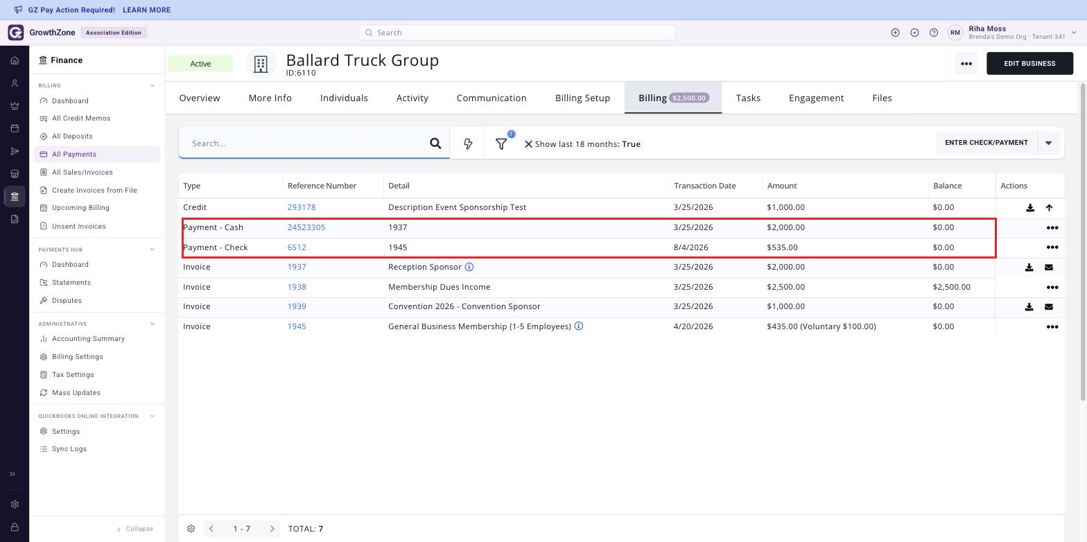 Contact record, Billing tab, showing the payment rows in the transaction list.