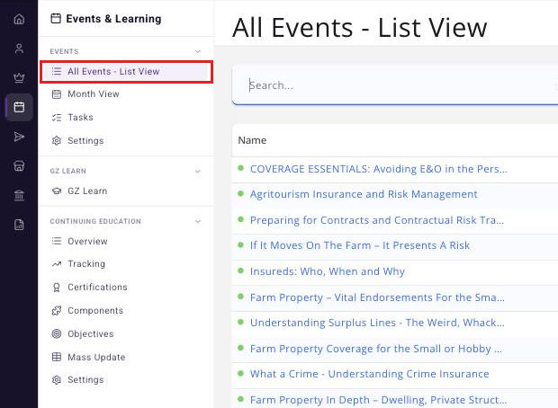 Events &amp; Learning rail with the Events section expanded and All Events - List View highlighted