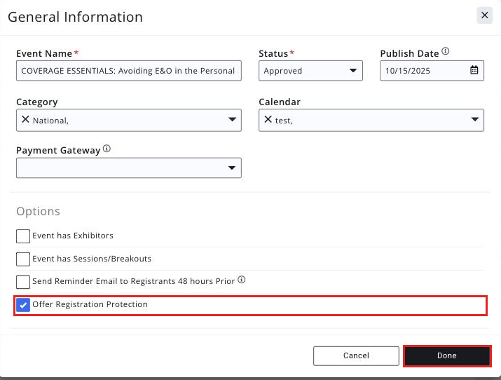 Event General Information edit panel with the Offer Registration Protection checkbox selected and the Done button boxed