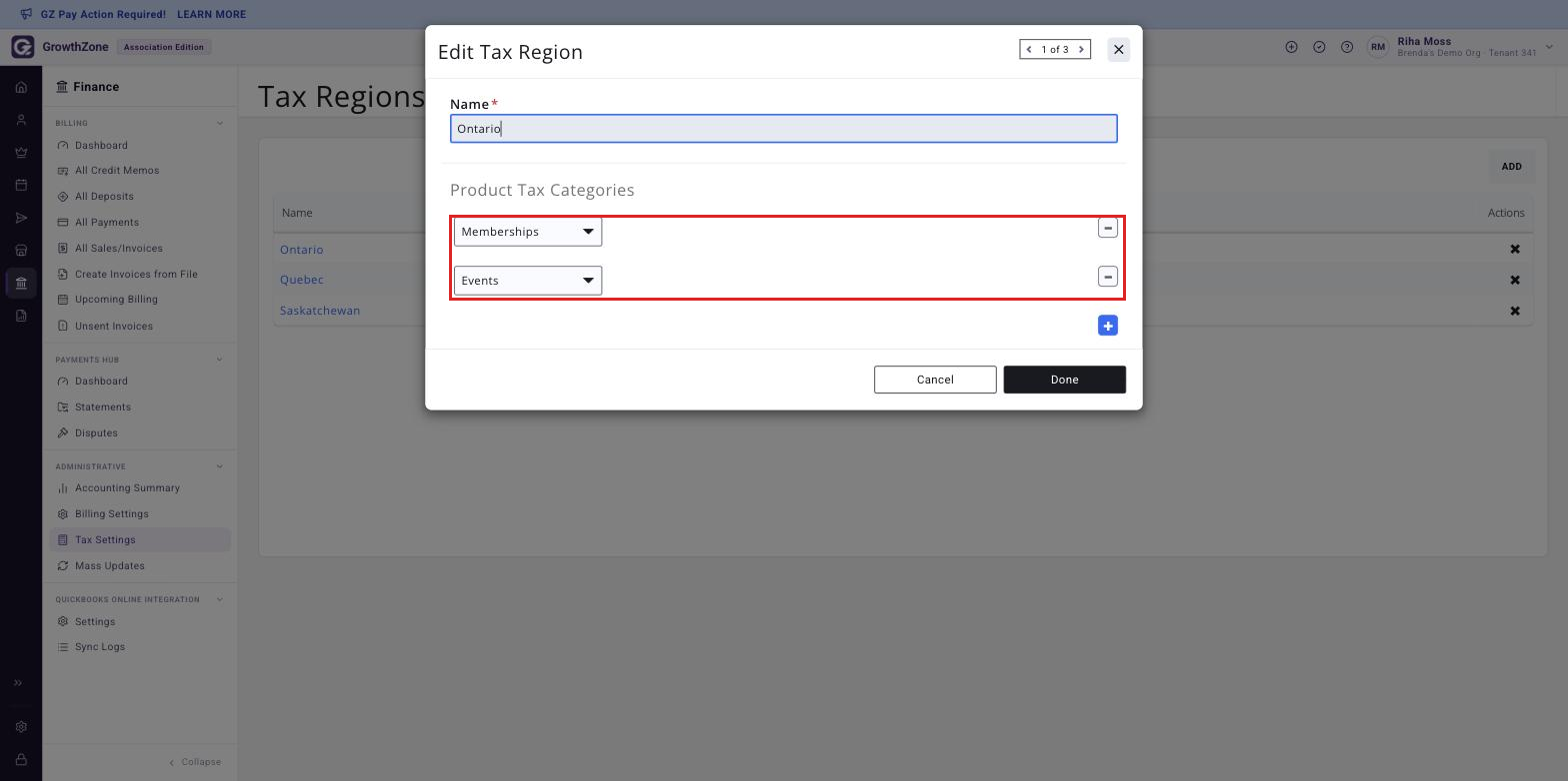 Tax region window with a product tax category selected in the associated categories list