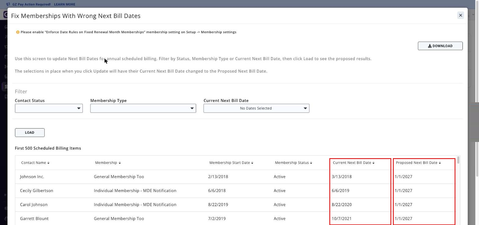 Review Next Bill Dates under Finance > Administrative > Mass Updates, full results grid, with the Current Next Bill Date and Proposed Next Bill Date columns boxed