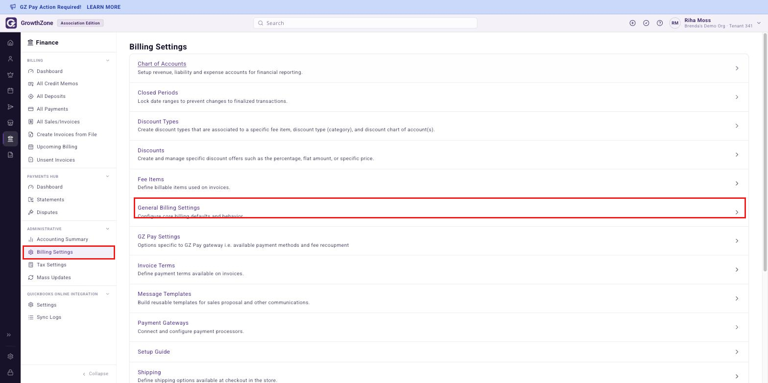 Finance rail expanded to the Billing section with Settings open and General Billing Settings highlighted