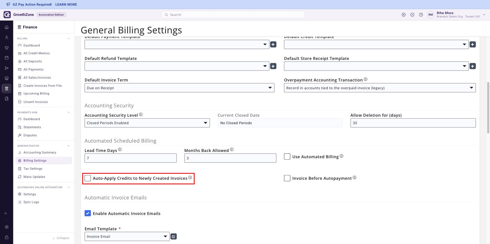 Automated Scheduled Billing section of General Billing Settings with the Auto-Apply Credits to Newly Created Invoices checkbox boxed and the Done button visible