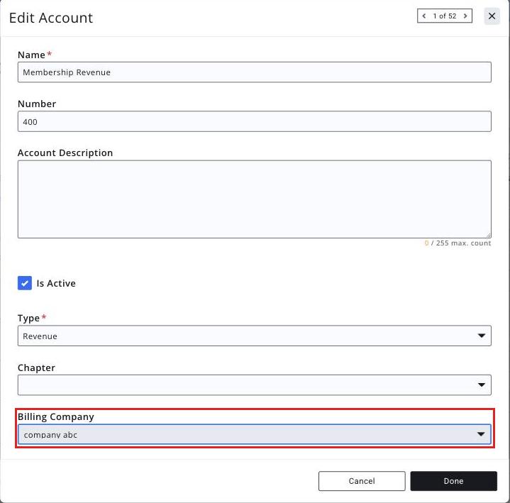 Edit Account screen with the Billing Company drop-down and an existing Billing Company selected