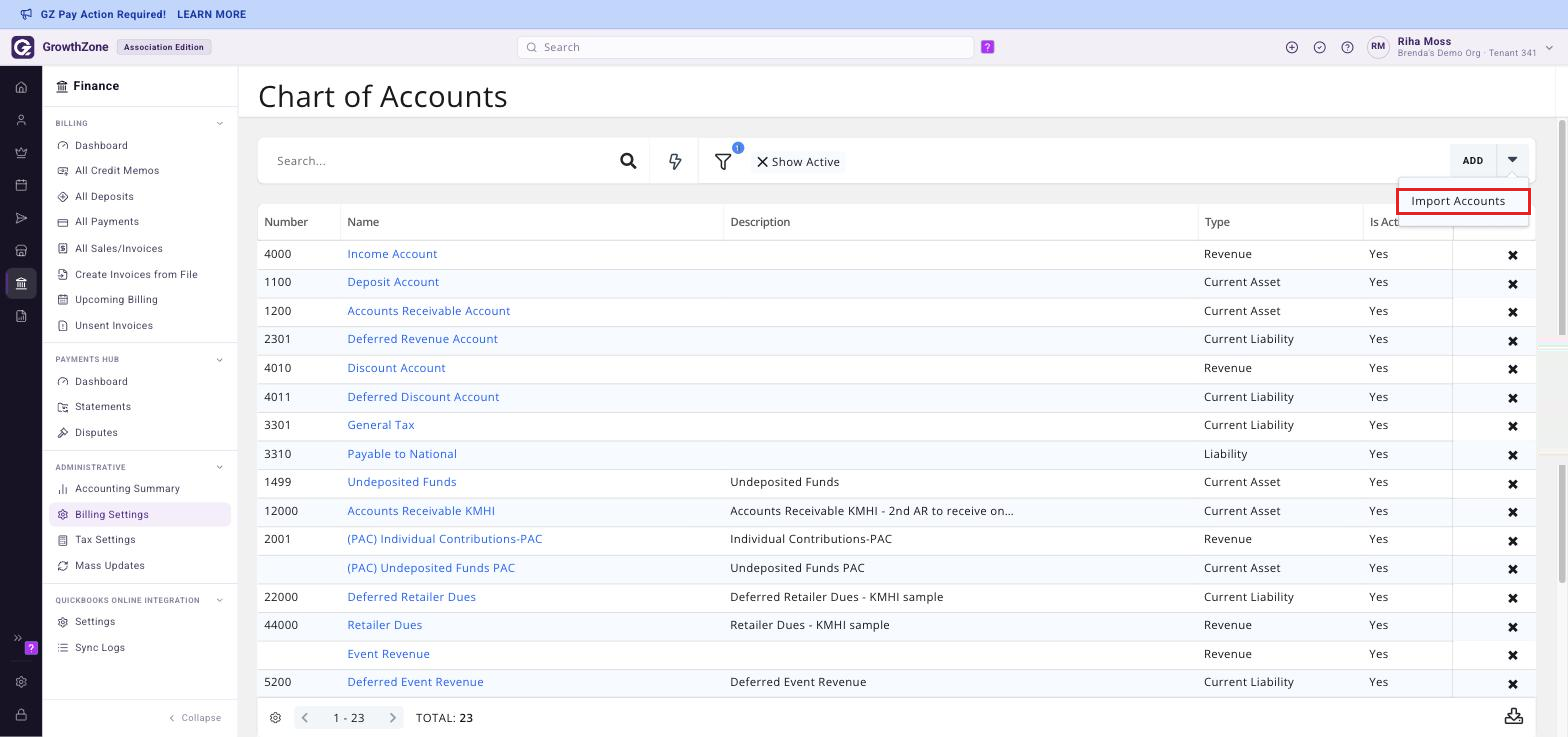 Chart of Accounts page with the ADD button drop-down expanded and the Import Accounts option boxed