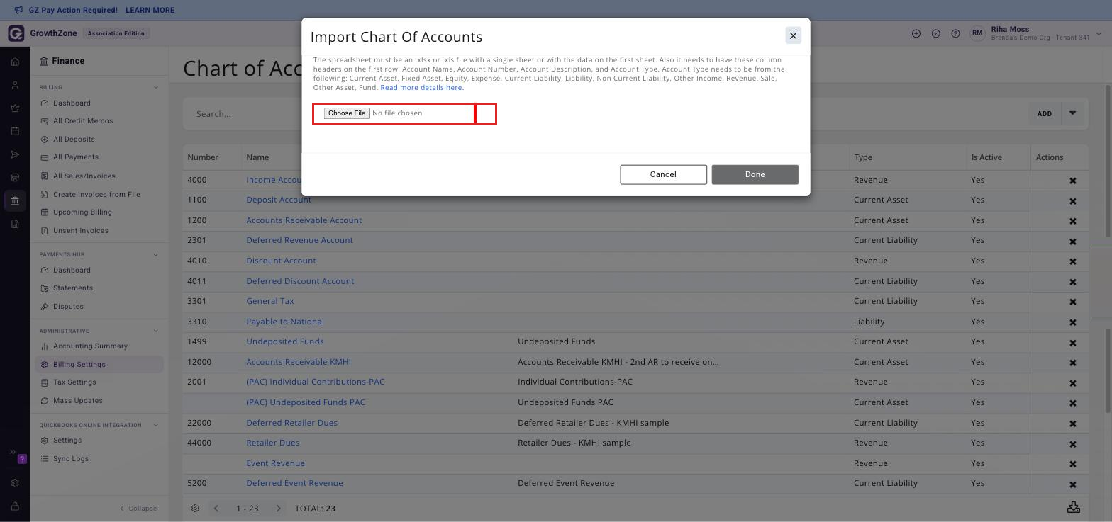 The Import Chart Of Accounts window showing the Choose File control and the spreadsheet requirements