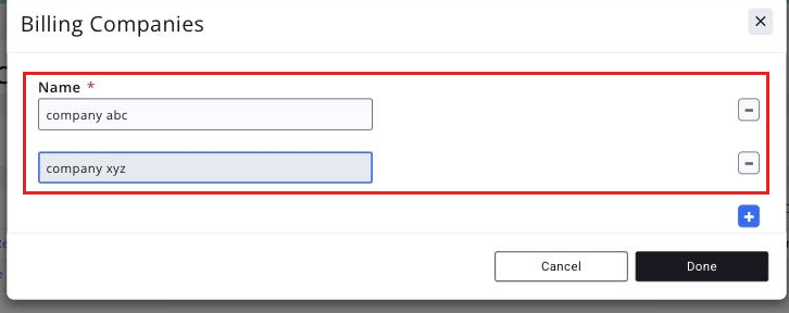 Billing Companies pop-up listing the configured Billing Companies, with the Billing Companies option in the ADD drop-down called out
