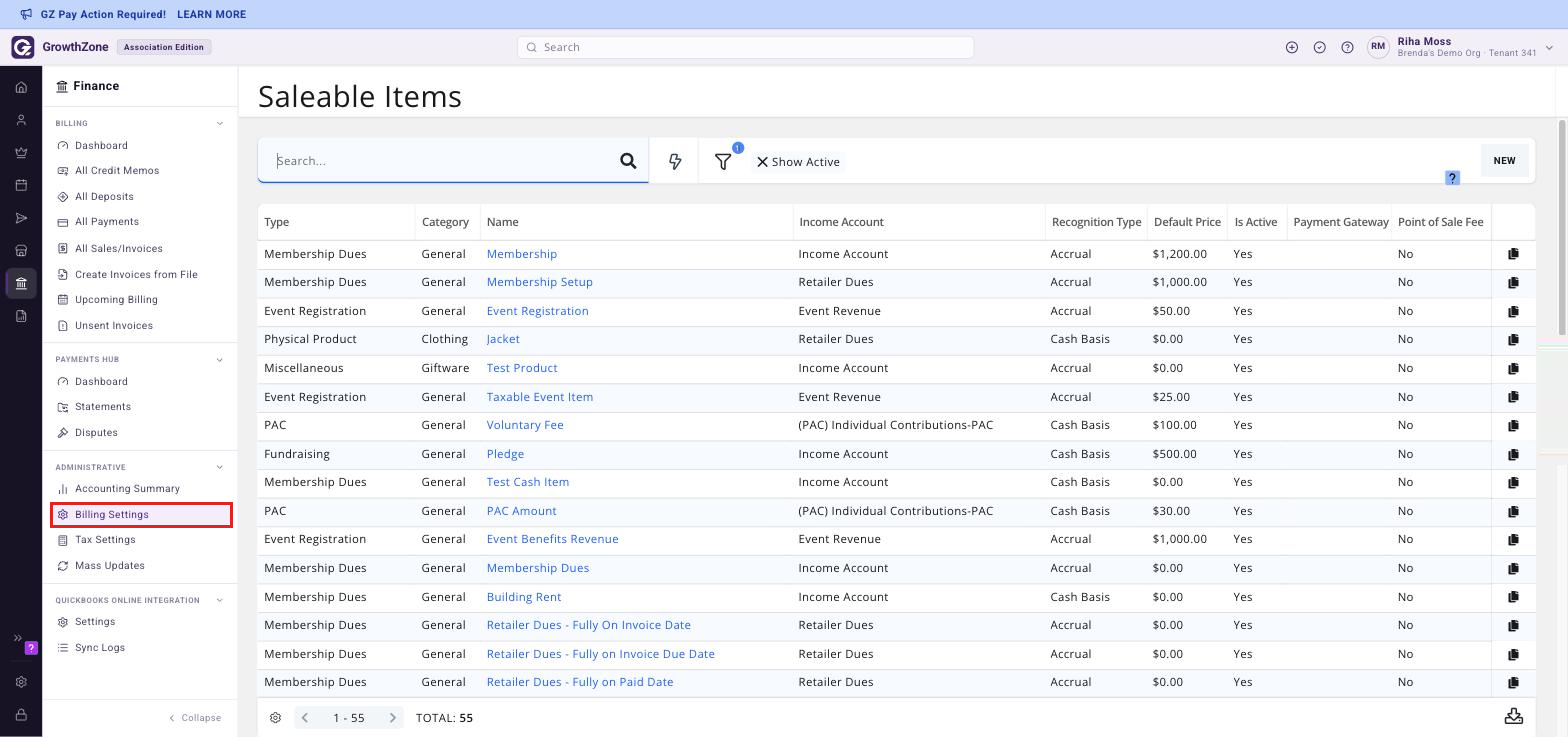 The Fee Items page &mdash; it opens as Saleable Items &mdash; with Billing Settings boxed in the Administrative section of the Finance rail