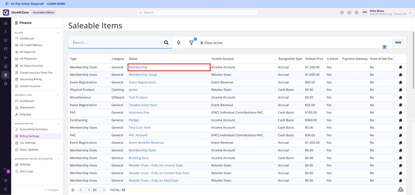 The Saleable Items list with a fee item Name link boxed