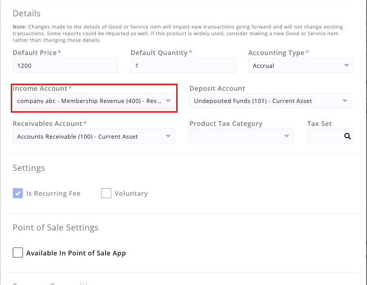 Edit Fee Item window scrolled to the Income Account drop-down, expanded to show the available Company accounts