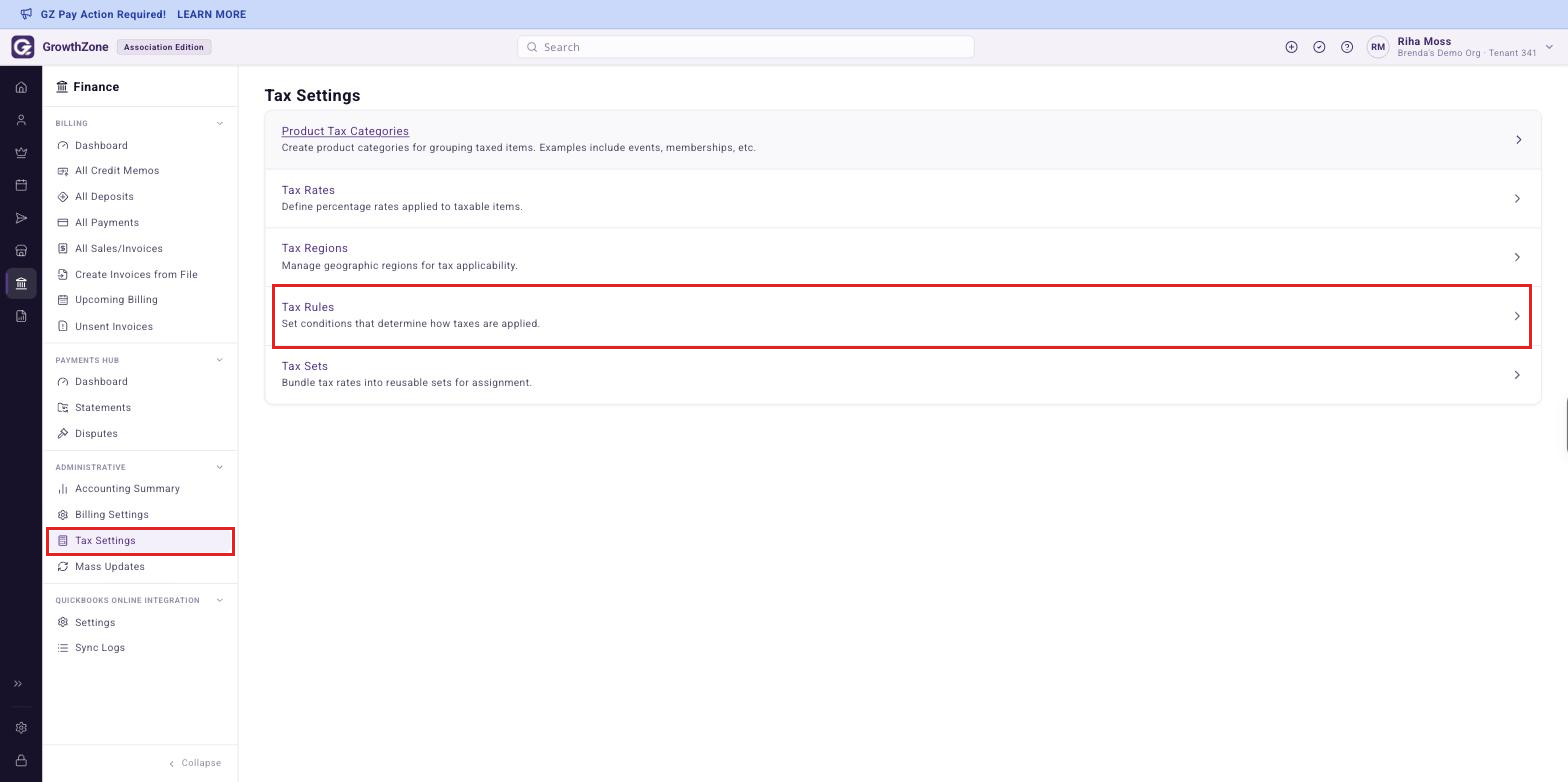 Finance rail expanded to the Administrative section with Tax Settings open and Tax Rules boxed