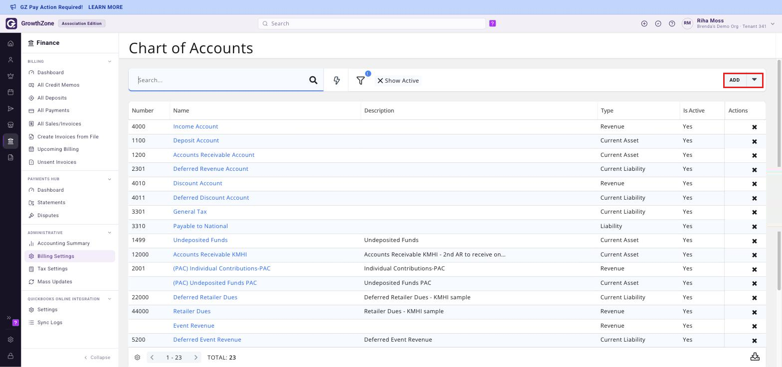 Chart of Accounts page with the ADD button in the upper right-hand corner boxed