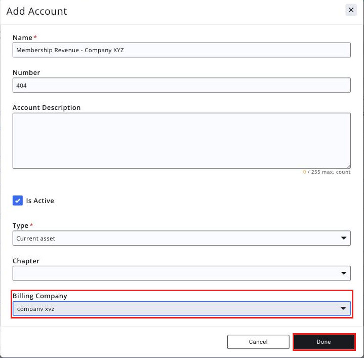 Add Account window with the Company field completed and the Done button called out