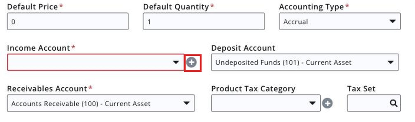 Add Fee Item window with the plus sign button beside Income Account boxed