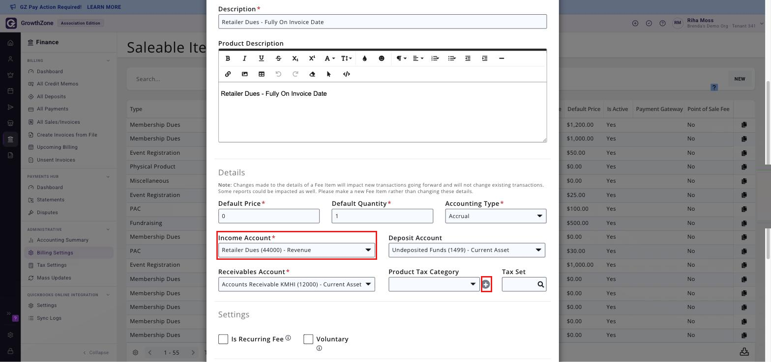 The Details block of the Edit Fee Item window, showing the Income Account field and the only plus button in that block, beside Product Tax Category