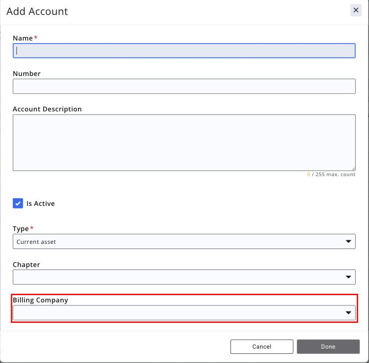 Account pop-up with the Company information fields ready for manual entry