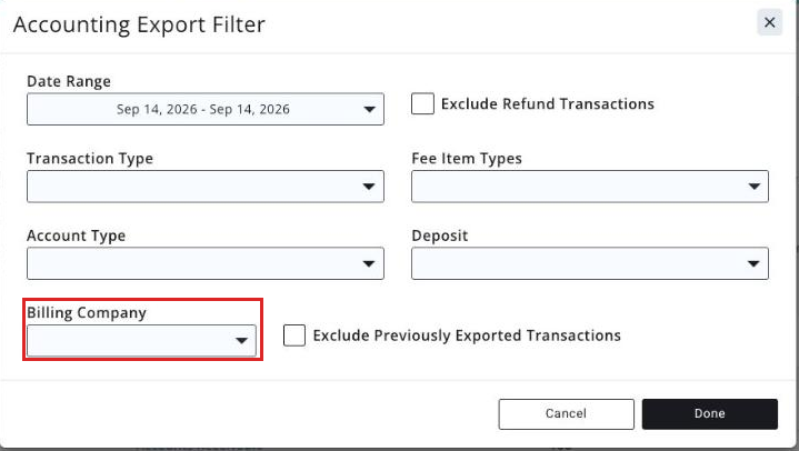 Accounting Transaction Export criteria screen with the Billing Company selector boxed for a batch export
