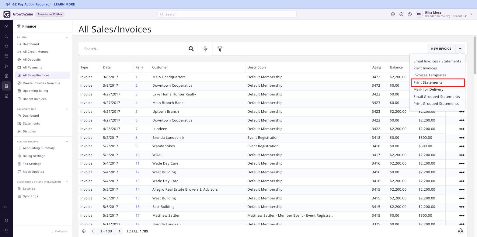 Arrow next to New Invoice expanded on the filtered All Sales/Invoices page with Print Statements boxed in the drop-down