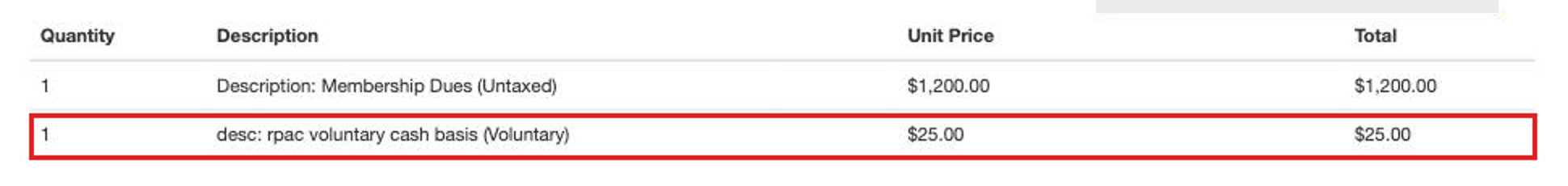 A member invoice line-item area with the voluntary fee item boxed to show it is included