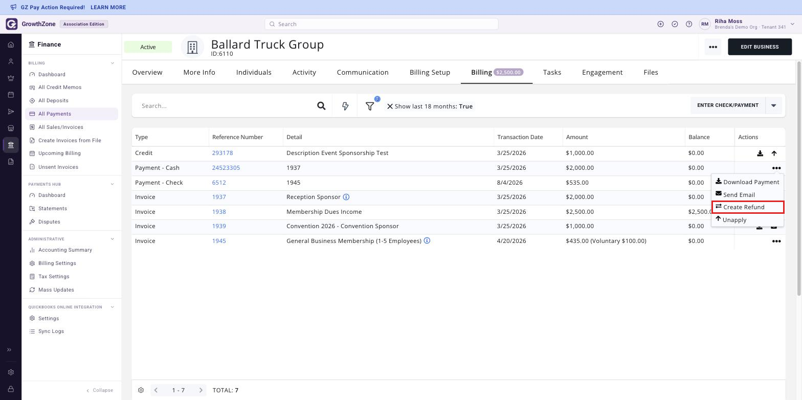 Actions menu open on the payment row with Create Refund boxed