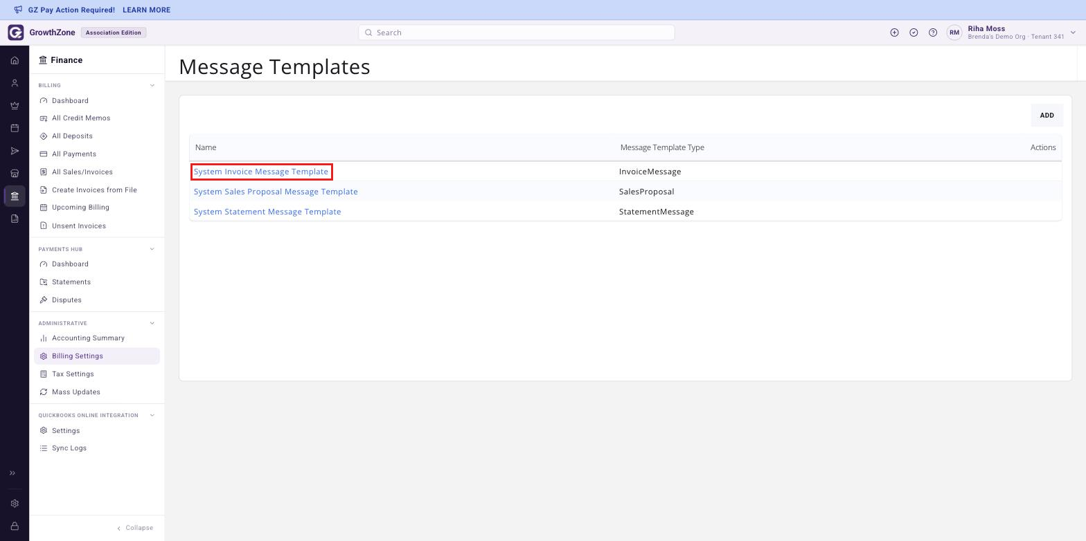 Message Templates list with one template name hyper-link boxed