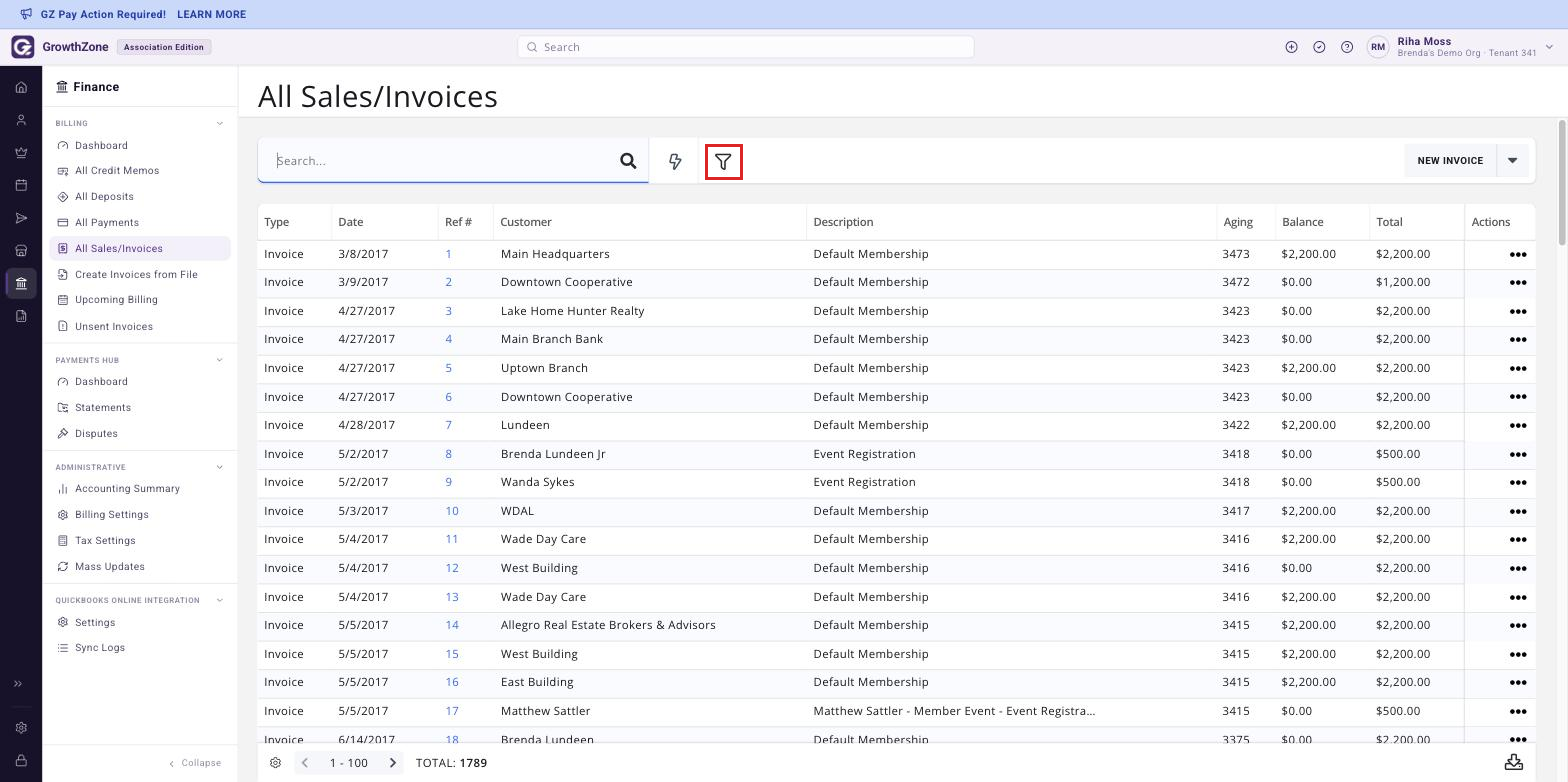 The All Sales/Invoices page reached from Finance > Billing, showing the full invoice list with the filter icon boxed