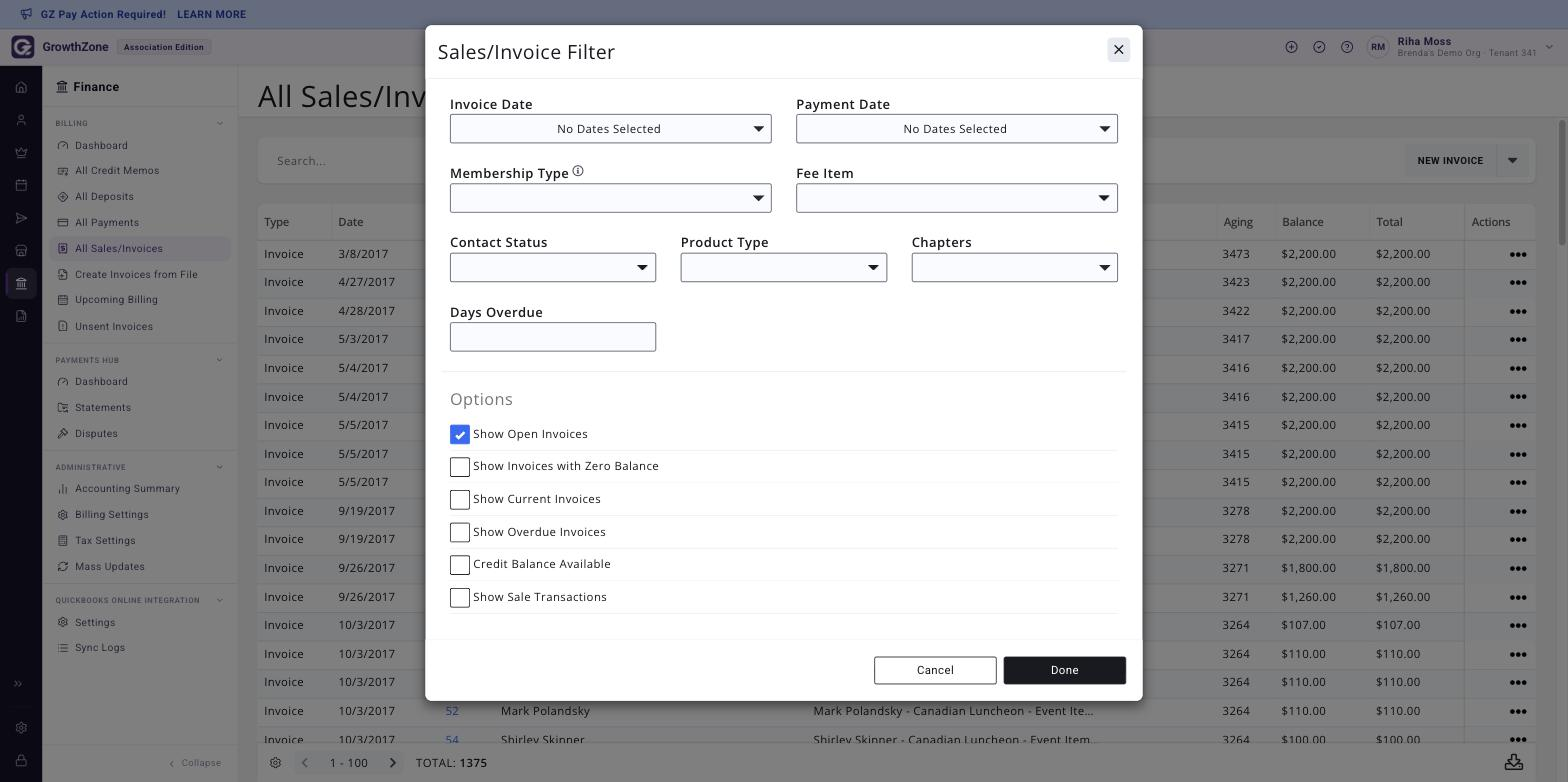The Sales/Invoice Filter panel opened from the filter icon on the All Sales/Invoices page, with the available criteria fields visible