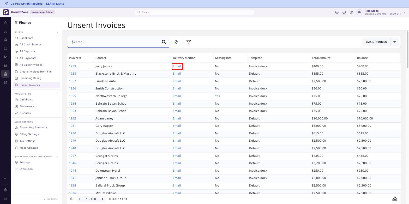 Unsent Invoices page under Finance > Billing with one row’s Delivery Method hyperlink boxed.