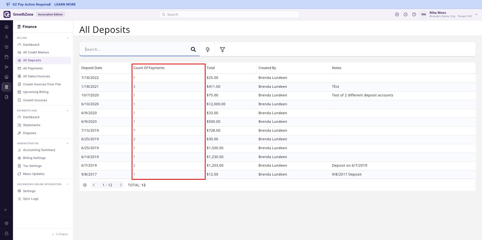 All Deposits page showing the list of previous deposits with the Count of Payments column visible